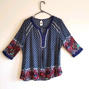 Moffi XL top, 3/4 sleeves, women Blue Pattern EUC